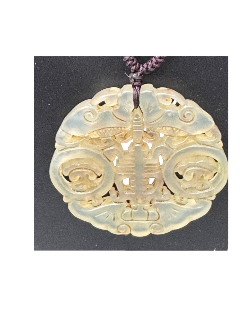 Vintage Duet Double Butterfly Carved Jade Pendant Necklace Circular 2" Growth